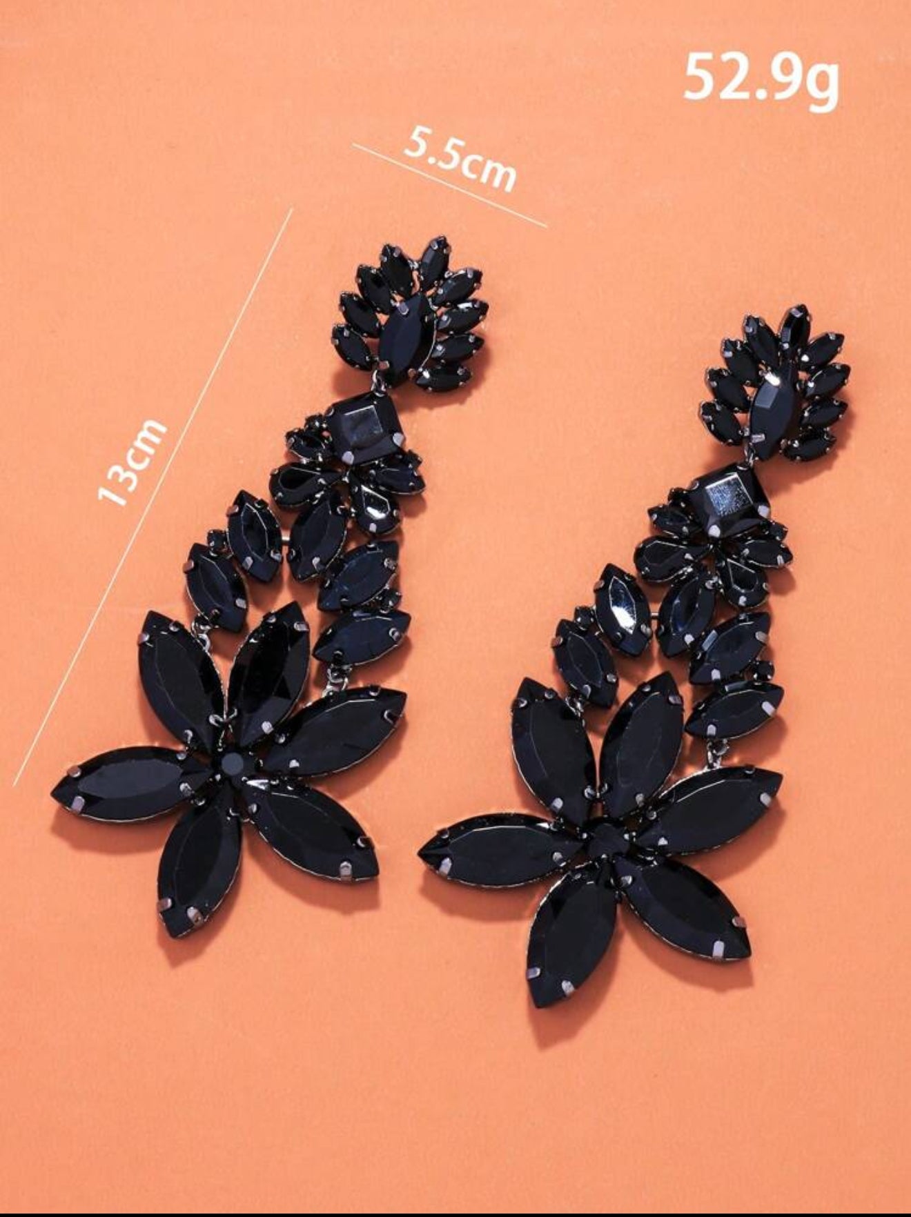 1 Pair Oversized Dramatic Black Crystal Flower Design Drop Earrings For Ballroom Dance Show Party