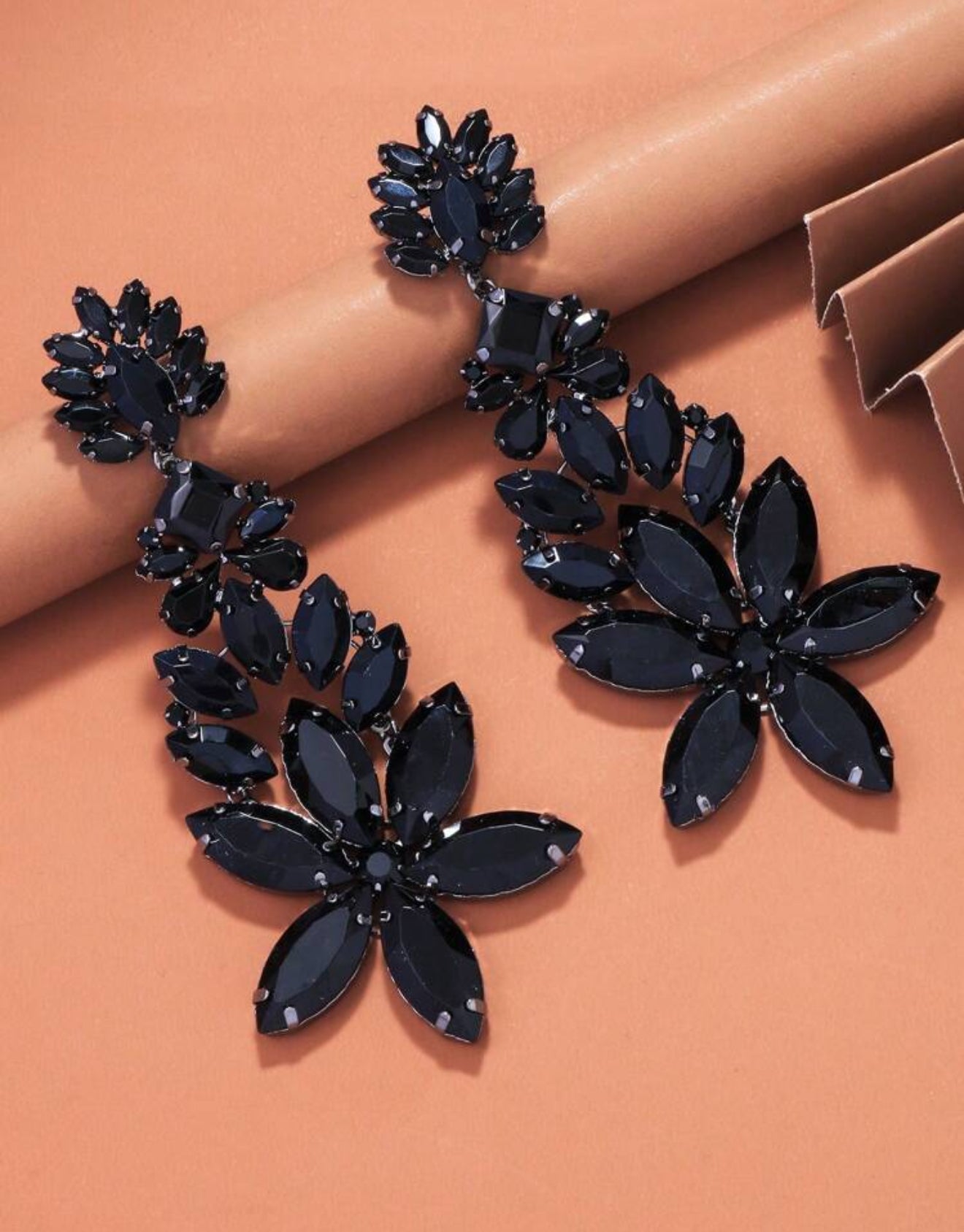 1 Pair Oversized Dramatic Black Crystal Flower Design Drop Earrings For Ballroom Dance Show Party