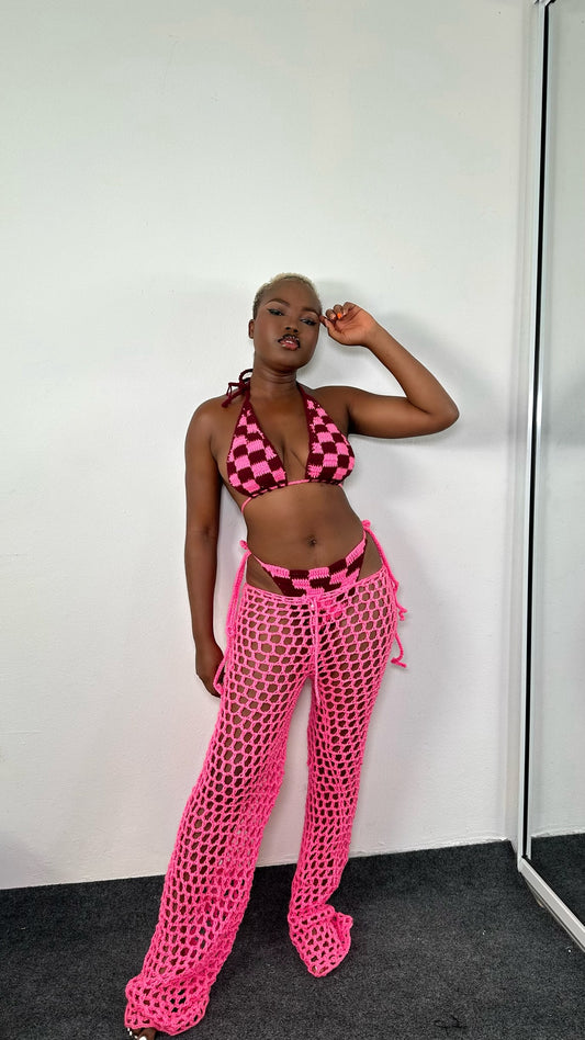 Check bikini plus mesh trousers (pink/maroon)